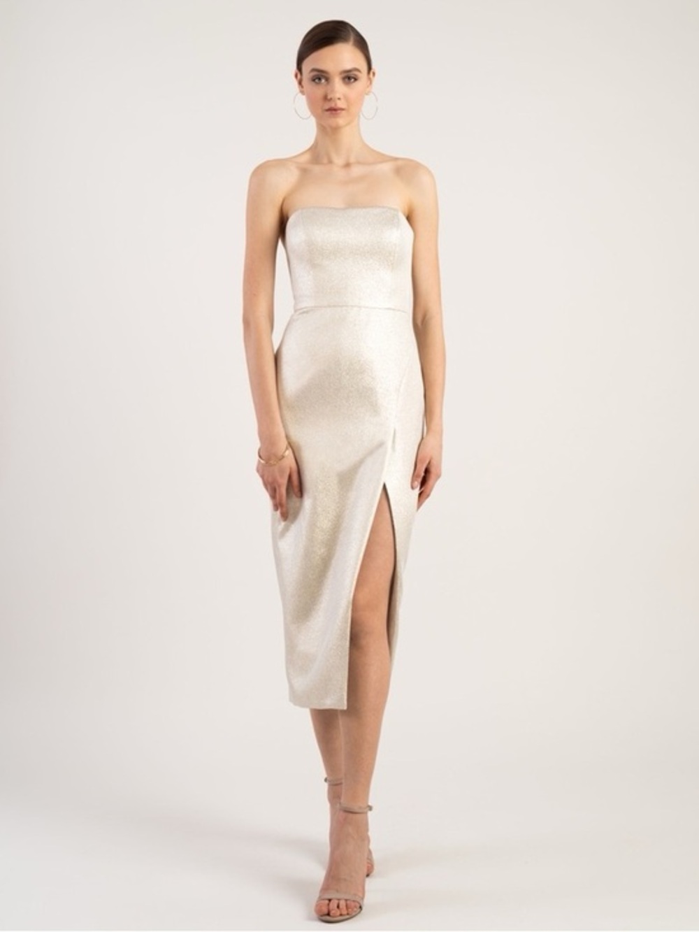 Jenny Yoo Strapless Metallic Gold Midi Dress Size 6 Wedding Guest NWT Elegant - Picture 3 of 10